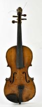 A full size German violin with lion carved scroll, unlabelled, with two-piece back length 36cm,