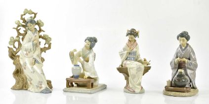 LLADRO; four figures of Geisha girls including an example seated in naturalistic landscape, height