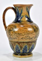 HANNAH BARLOW FOR DOULTON LAMBETH; a jug decorated with a single band of horses in landscape, set