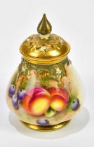 ROLANDS FOR ROYAL WORCESTER; a hand painted potpourri and cover decorated with fruit, black