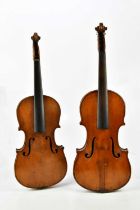 A full size German violin, unlabelled, with one-piece back, length 35.8cm, and a German 3/4 size