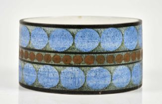 MARILYN PASCOE FOR TROIKA POTTERY; a drum bowl decorated with three bands of circles, signed Troika,