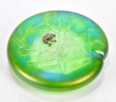 JOHN DITCHFIELD FOR GLASFORM; a contemporary Art Glass paperweight modelled as a silver frog on lily