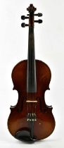 A modern full size violin, with two-piece back length 35.8cm, cased with bow.