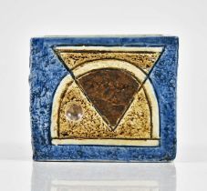 ALISON BRIGDEN FOR TROIKA POTTERY; a small cube vase with relief and incised decoration to each of