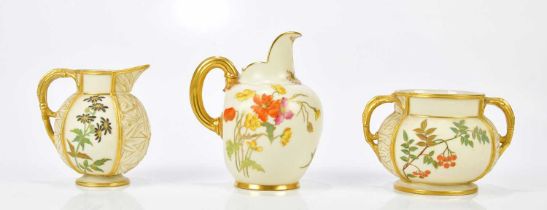 ROYAL WORCESTER; a blush ivory flat-sided jug shape 1094, height 13.5cm, also a bamboo effect milk