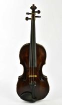 A full size German violin, unlabelled, with one-piece back length 35.5cm, cased with three