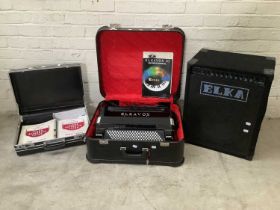 ELKAVOX; an 83 electric accordion, with amplifier, sheet music and case.