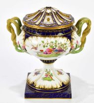 ROYAL WORCESTER; a large twin handled pedestal potpourri and cover, hand painted with Asiatic