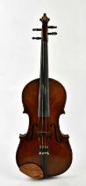 A full size German violin, Stradivarius copy, with two-piece back length 36cm, cased with a bow.