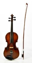 A full size German violin with two-piece back, length 36cm, indistinctly labelled, cased with bow.