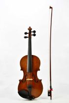 A three-quarter size German violin, Stradivarius copy, the two-piece back 33.4cm, cased with a bow.