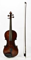 A full size violin, probably German, unlabelled, with one-piece back, length 35.5cm, cased with a