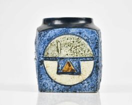 ANN JONES FOR TROIKA POTTERY; a marmalade jar decorated to each of the four sides with stylised
