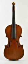 A full size violin, probably German, unlabelled, with two-piece back length 35.5cm, cased with a