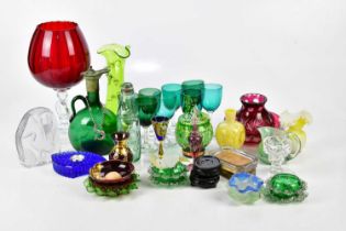 A collection of Victorian and later coloured glass, including eight green glasses, Venetian bowl,