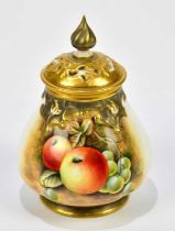 P M PLATT FOR ROYAL WORCESTER; a hand painted potpourri and cover, decorated with fruit, black