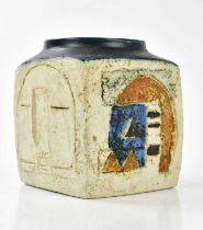 RUTH LARRATT FOR TROIKA POTTERY; a marmalade jar with stylised decoration to each of the four sides,