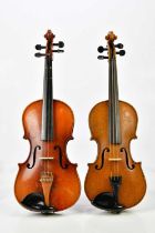 An old 3/4 size violin with two-piece back, length 33cm, cased with a bow, also a modern Chinese 3/4