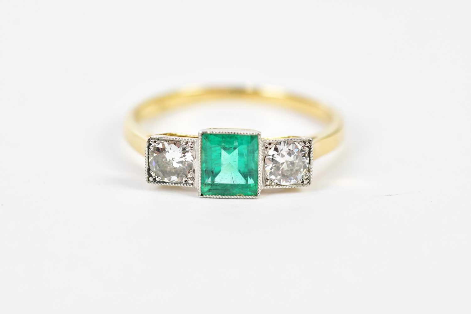 An 18ct yellow gold white metal tipped emerald and diamond Art Deco design ring with central - Image 2 of 8
