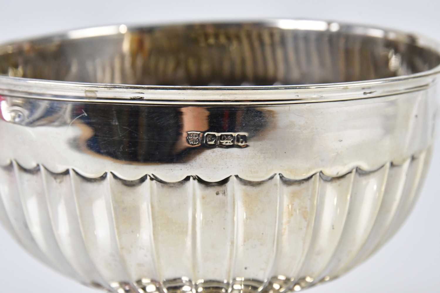 A late Victorian hallmarked silver part gadrooned pedestal bowl, Sheffield 1894, diameter 15cm, - Image 2 of 2