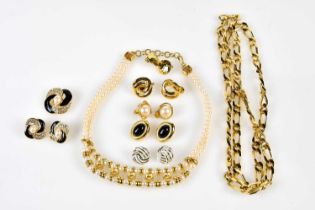 MONET; a gold tone heavy link chain, 35", a pearl and gold tone choker, five pairs of gold and