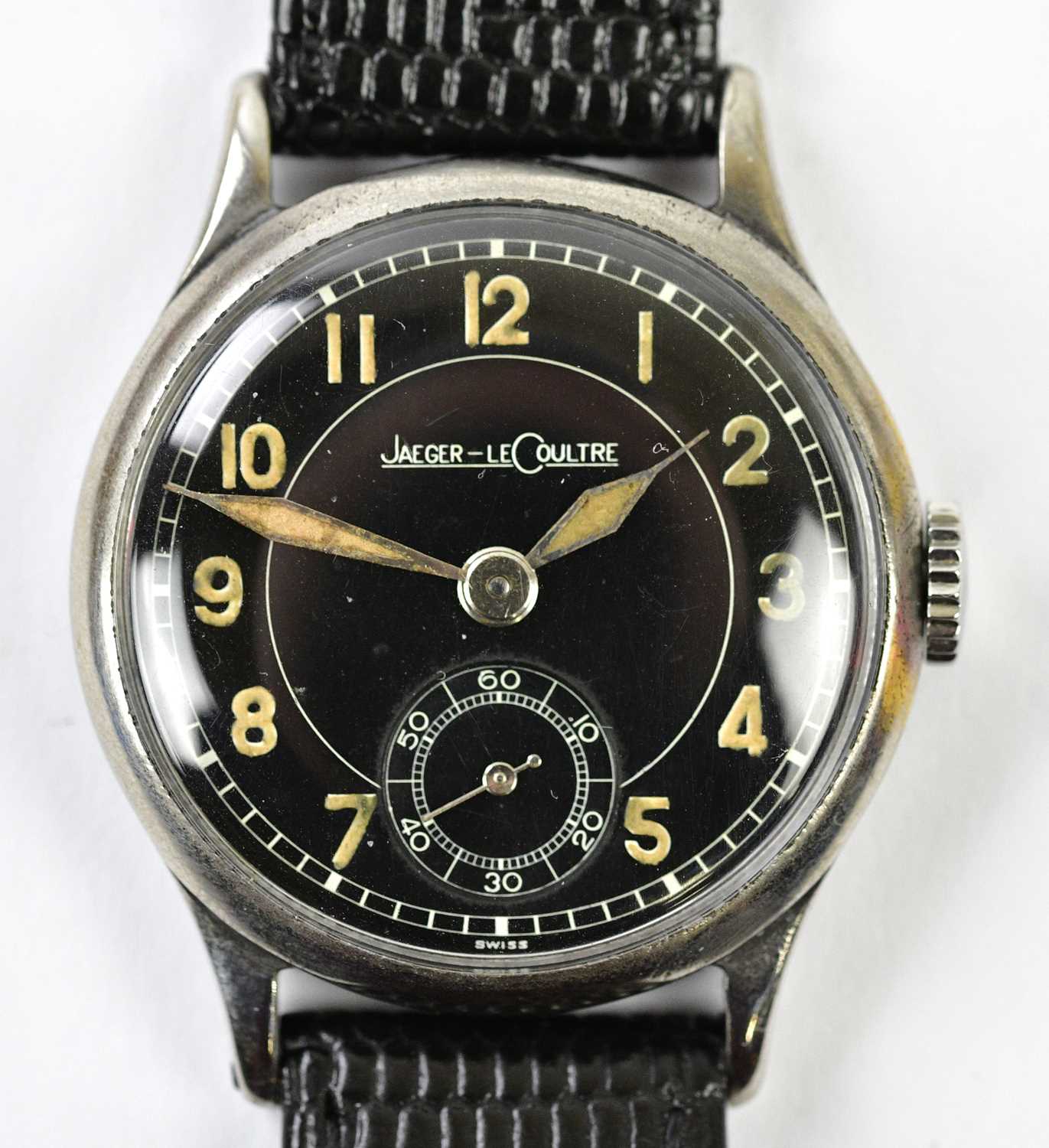 JAEGER-LECOULTRE; a circa 1940 military style black face stainless steel wristwatch with