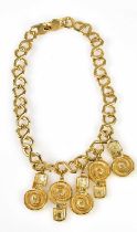BALMAIN; a gold effect necklace with five stylised drop pendants, signed, length approx 41cm,