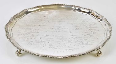 CJ VANDER LTD; a large Elizabeth II hallmarked silver salver with cast beaded rim on four