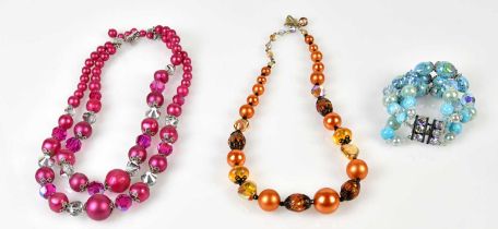 VENDOME; a vintage pink crystal and faux pearl double strand necklace, an orange crystal bead and