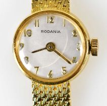 A lady's 18ct gold cased wristwatch, the silvered dial signed Rodania, set with Arabic numerals,