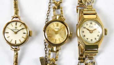 Three vintage 9ct yellow gold lady's wristwatches, Omega, Leda, and Enicar, combined approx 36.7g (