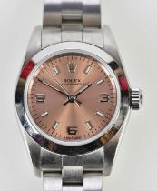ROLEX; a lady's stainless steel Oyster Perpetual wristwatch with rose pink dial, purchased 2002,