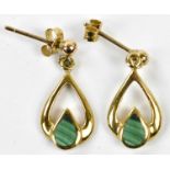 A pair of 9ct yellow gold earrings set with malachite, approx 2.1g.