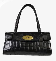 MULBERRY; a black embossed crocodile leather Bayswater with double handles, front flap with