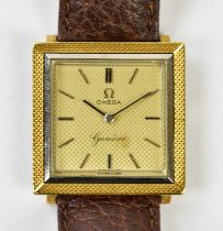 OMEGA; a gentleman’s 1970s 18ct yellow gold wristwatch with square dial, engraved bezel, and with