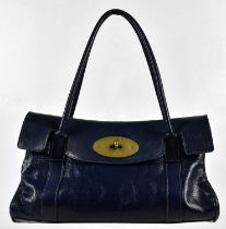 MULBERRY; a navy blue leather Bayswater handbag with double handles, front flap with postman's