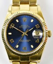 ROLEX; a gentleman's 18ct yellow gold Oyster Perpetual date wristwatch with blue dial, correct