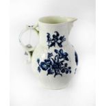WORCESTER; a c.1790 blue and white floral cabbage leaf mask head jug, height 21.5cm.