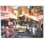 PHILIP CRAIG (Canadian 1951-); overpainted print on board, 'Rug Market, Marrakesh', signed and