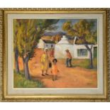 X JAMES THACKWRAY (1919-1994); oil on board, South African village with figures in foreground,