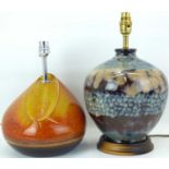 COBRIDGE; two art pottery vase lamps comprising a high-fired yellow and flame orange abstract