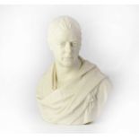 A Copeland Parianware bust of a gentleman wearing tartan with a brooch on his left breast, the