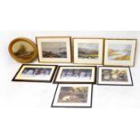 Twelve pictures and prints to include watercolour landscapes, a pair of Louis Wain style cat