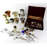 A quantity of silver-plated items and metalware to include cutlery, sugar tongs, etc