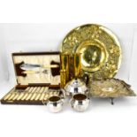 Various items of mixed metalware to include a large Arts & Crafts brass charger with recessed centre