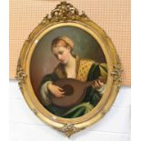 UNATTRIBUTED; Continental oil, 19th century portrait of young woman playing a lyre, 75 x 56cm, in