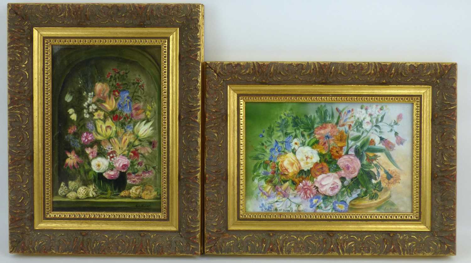 Two mid-20th century painted porcelain panels, both depicting still life flowers painted on opaque