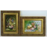 Two mid-20th century painted porcelain panels, both depicting still life flowers painted on opaque