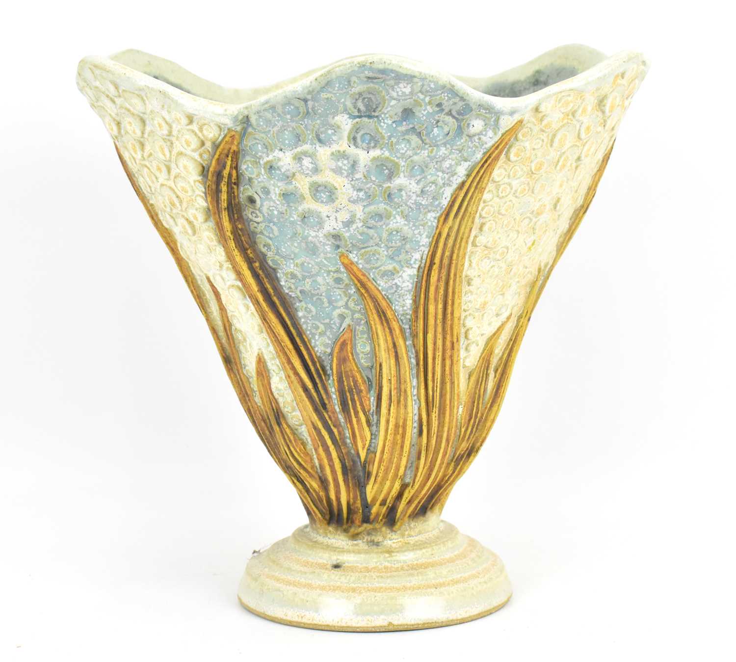 BERNARD ROOKE; a large studio pottery conical vase in the form of a flowerhead, with applied